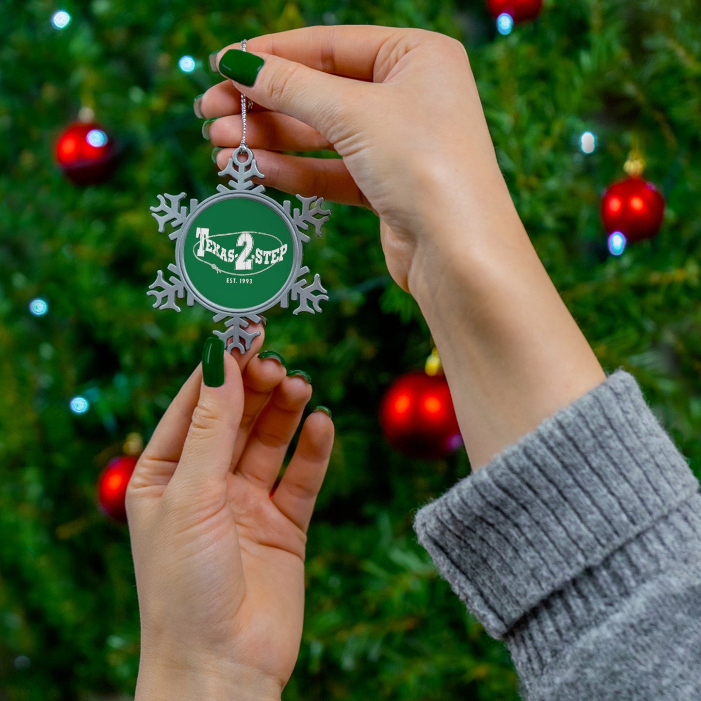 T2S Pewter Snowflake Ornament (T2S logo front-green, blank back)