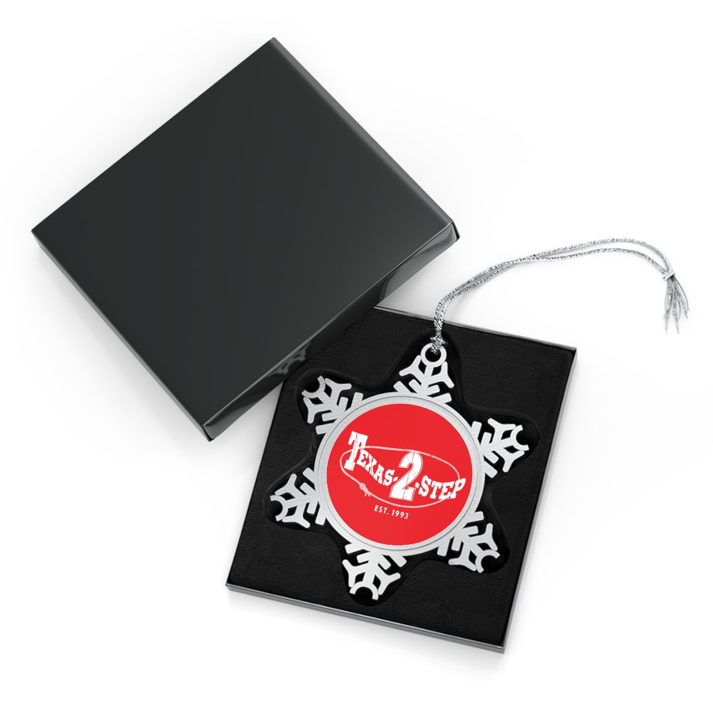 T2S Pewter Snowflake Ornament (T2S logo front-red, blank back)